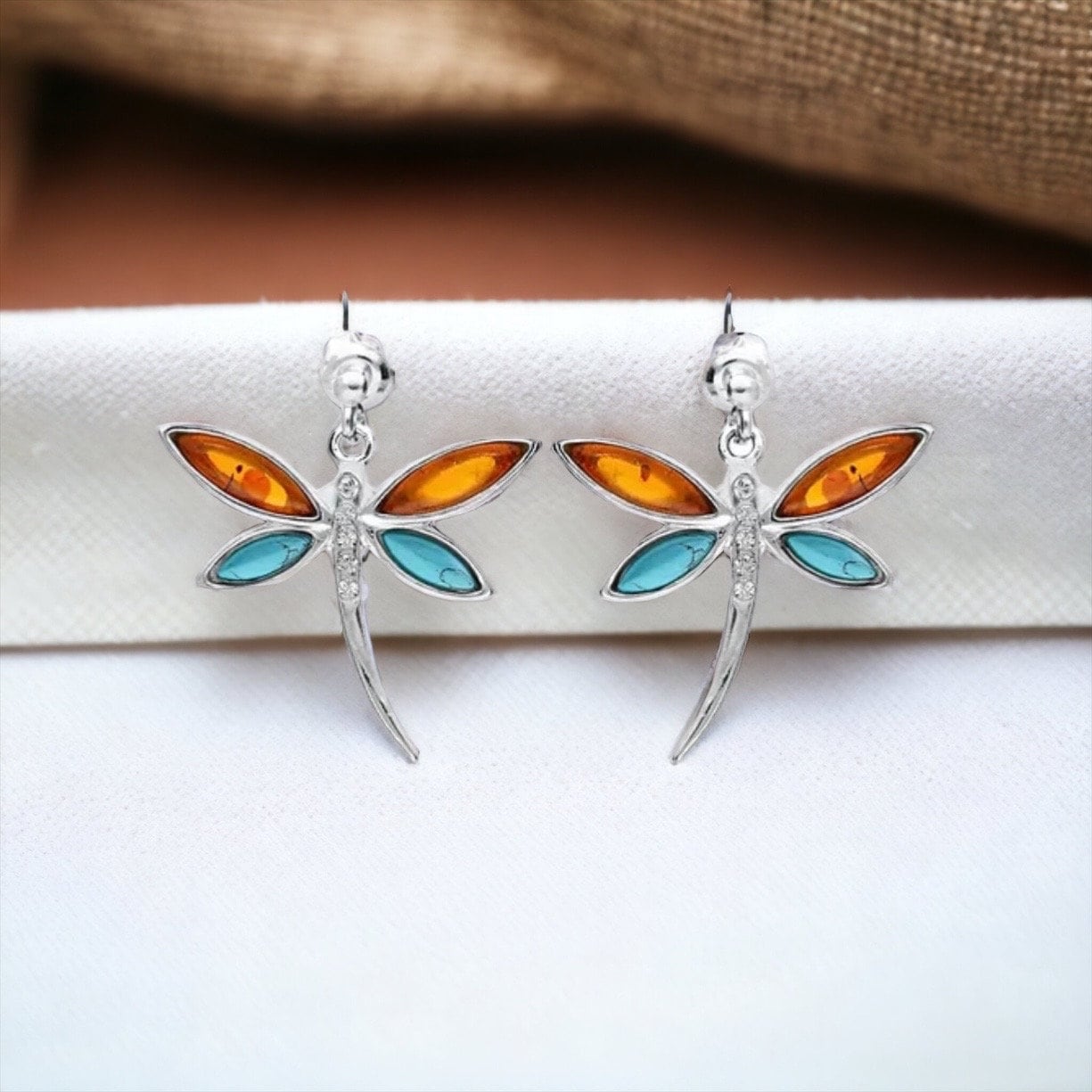 Beautiful amber and turquoise dragonfly drop stud earrings