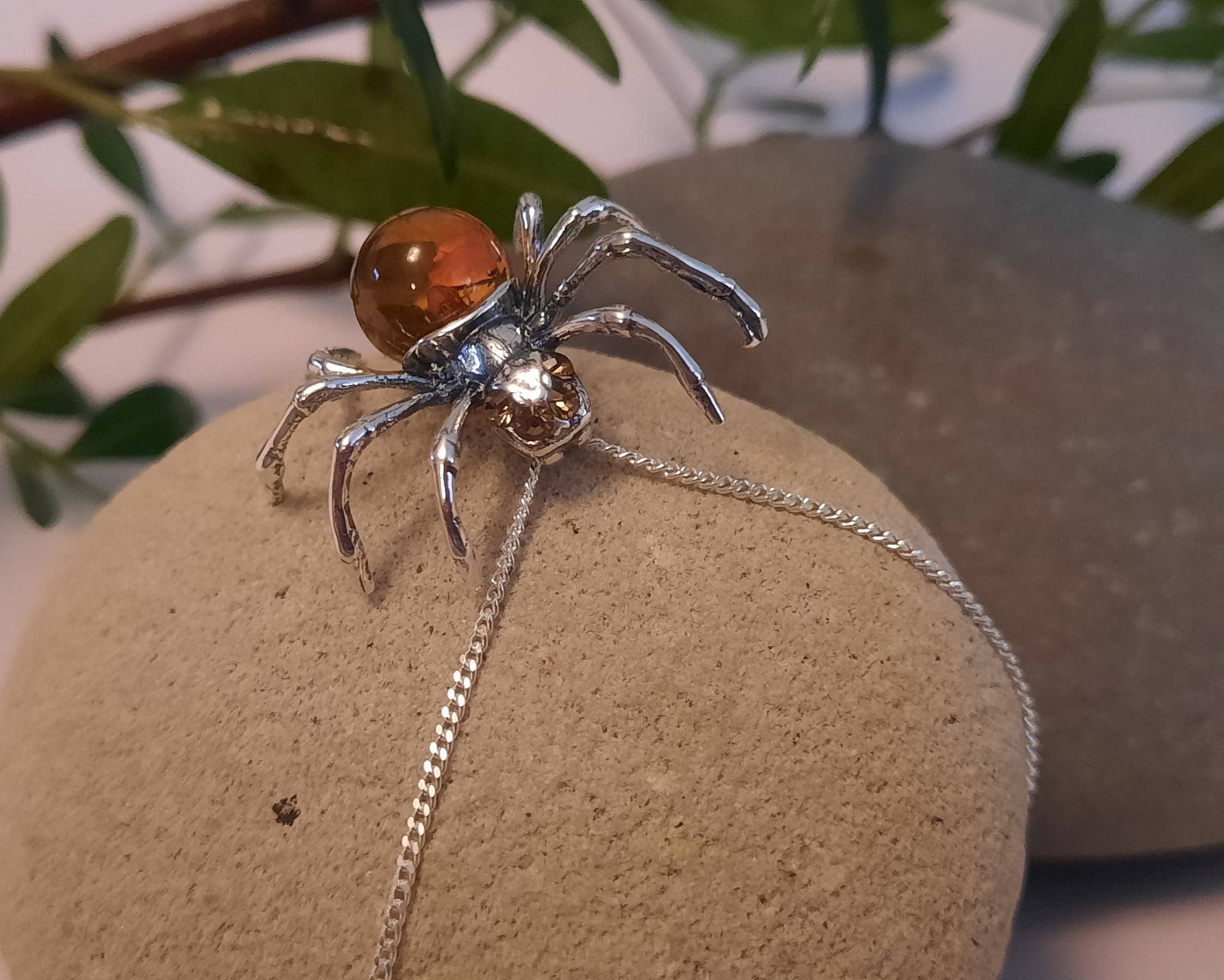 Beautiful Sterling Silver and Cognac Amber Spider Necklace