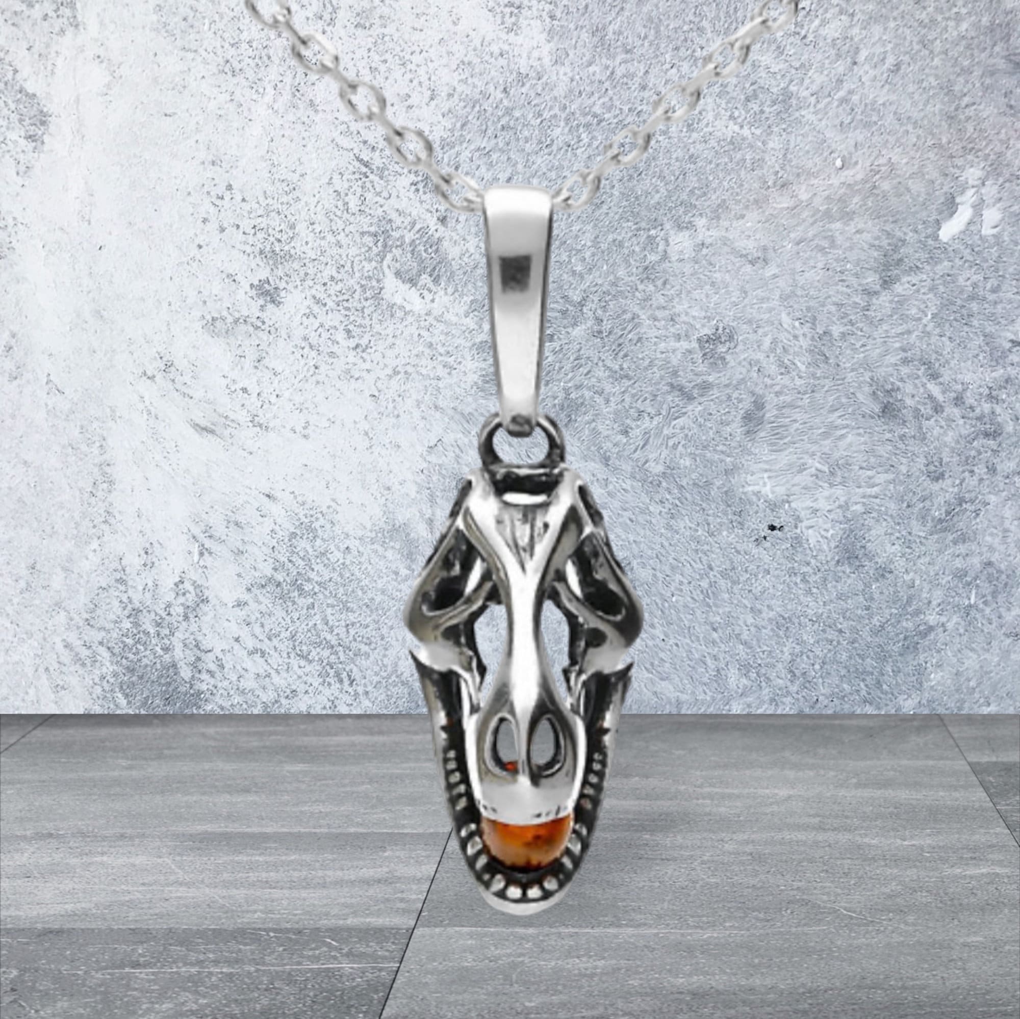 Stunning T-Rex Silver and Cognac Amber Necklace