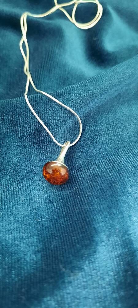 Elegant Round Cognac Amber and Sterling Silver Necklace.