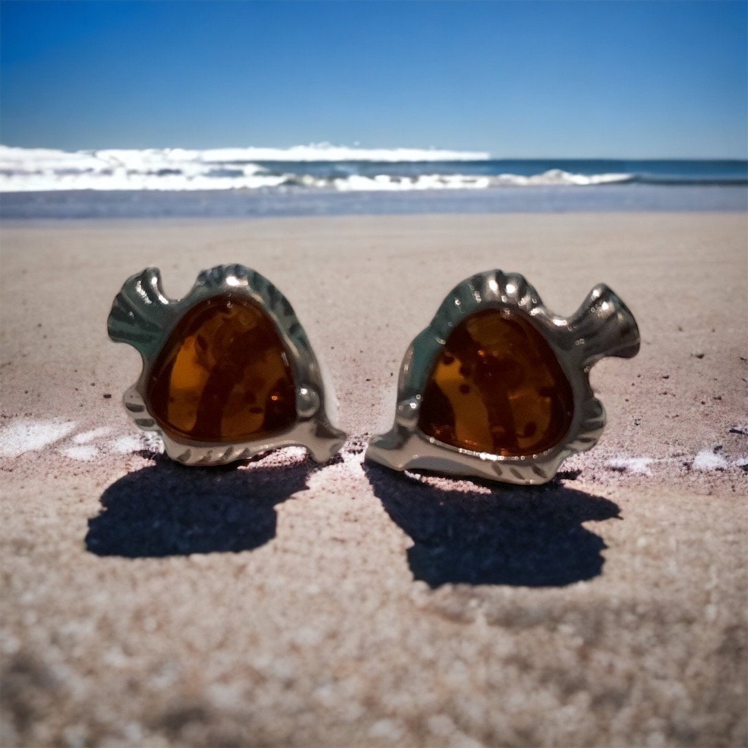 Beautiful Angel Fish Sterling Silver and Cognac Amber Stone Stud Earrings