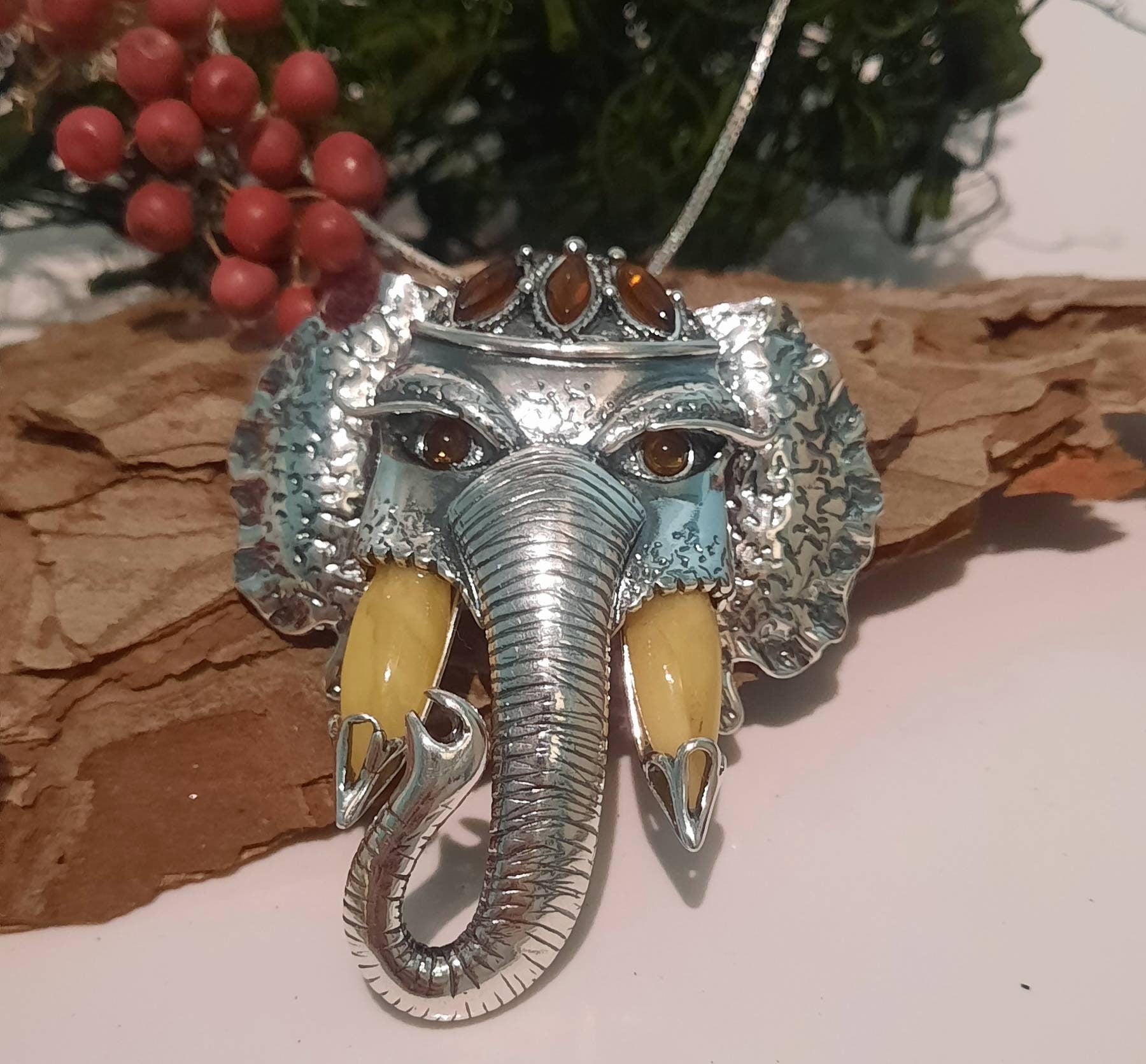 Stunning Large Amber Elephant Necklace